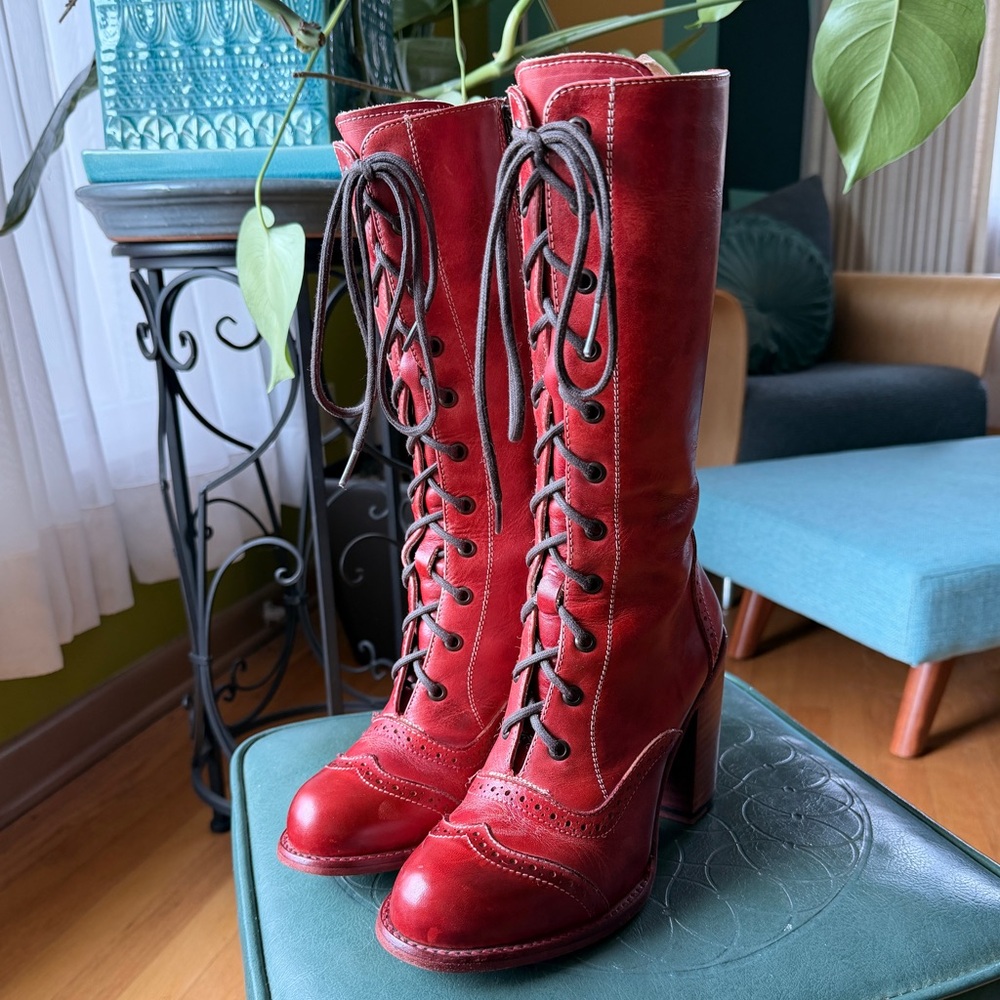 Oak Tree Farms Ariana Mid-Calf Victorian Inspired Leather Lace-Up Boots